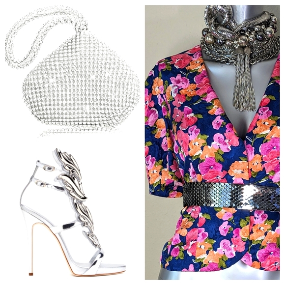 100% Silk Vibrant Bold Floral Print "Papell" Cropped Blouse Blazer - Picture 10 of 15